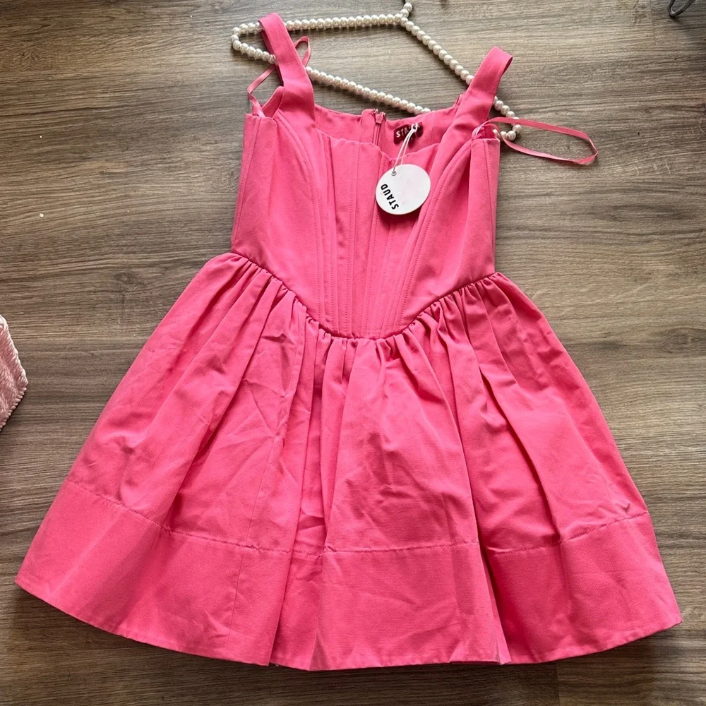 NWT Staud CORAL PINK LANDSCAPE MINI DRESS Size 6 - Picture 5 of 9